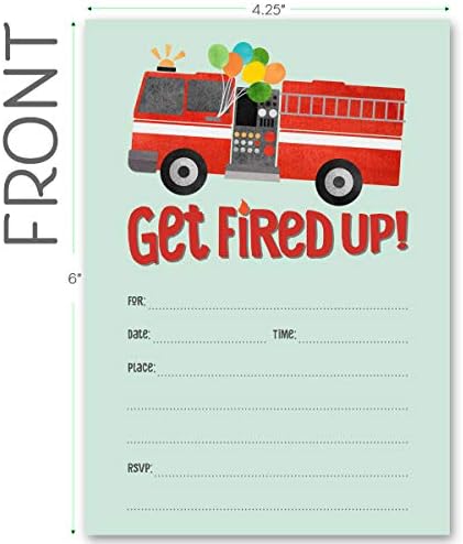 Покани за парти в пожарна кола Koko Paper Co | 25 Използваеми Покани и пликове | Отпечатани върху дебел картон.