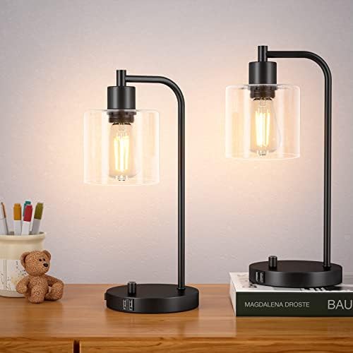 yotutun - Комплект от 2 Промишлени настолни лампи с 2 USB-порта, черни Нощни лампи, Напълно Регулируем Настолна