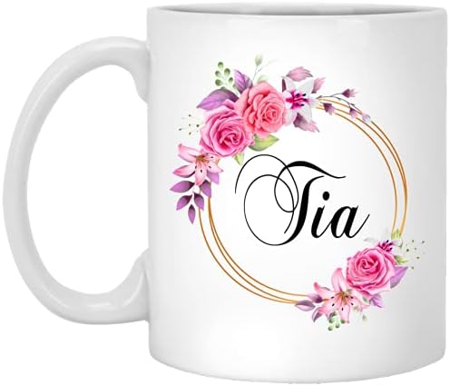 GavinsDesigns Tia Flower Новост, кафеена чаша като подарък за Деня на майката - Розови цветя Tia в златна рамка