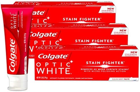 Паста за зъби Colgate Optic White Stain Борец срещу кухини, с флуорид, Чист Мятная паста, 4,2 унции (опаковка