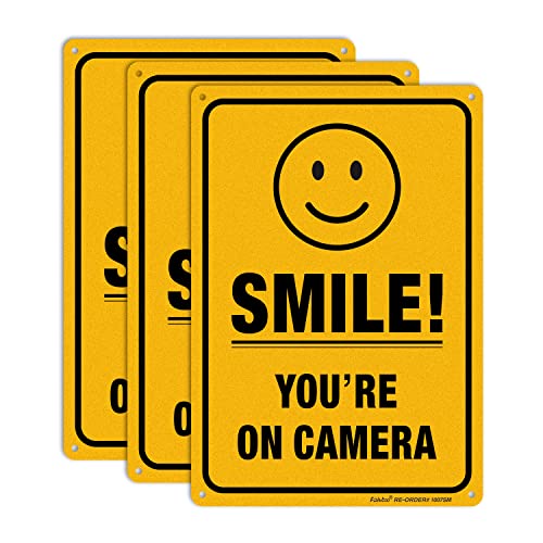 (3 опаковки) Знак за видеонаблюдение Smile You ' re On Camera - 10x7 инча.040 От ултра силна алуминий, без ръжда